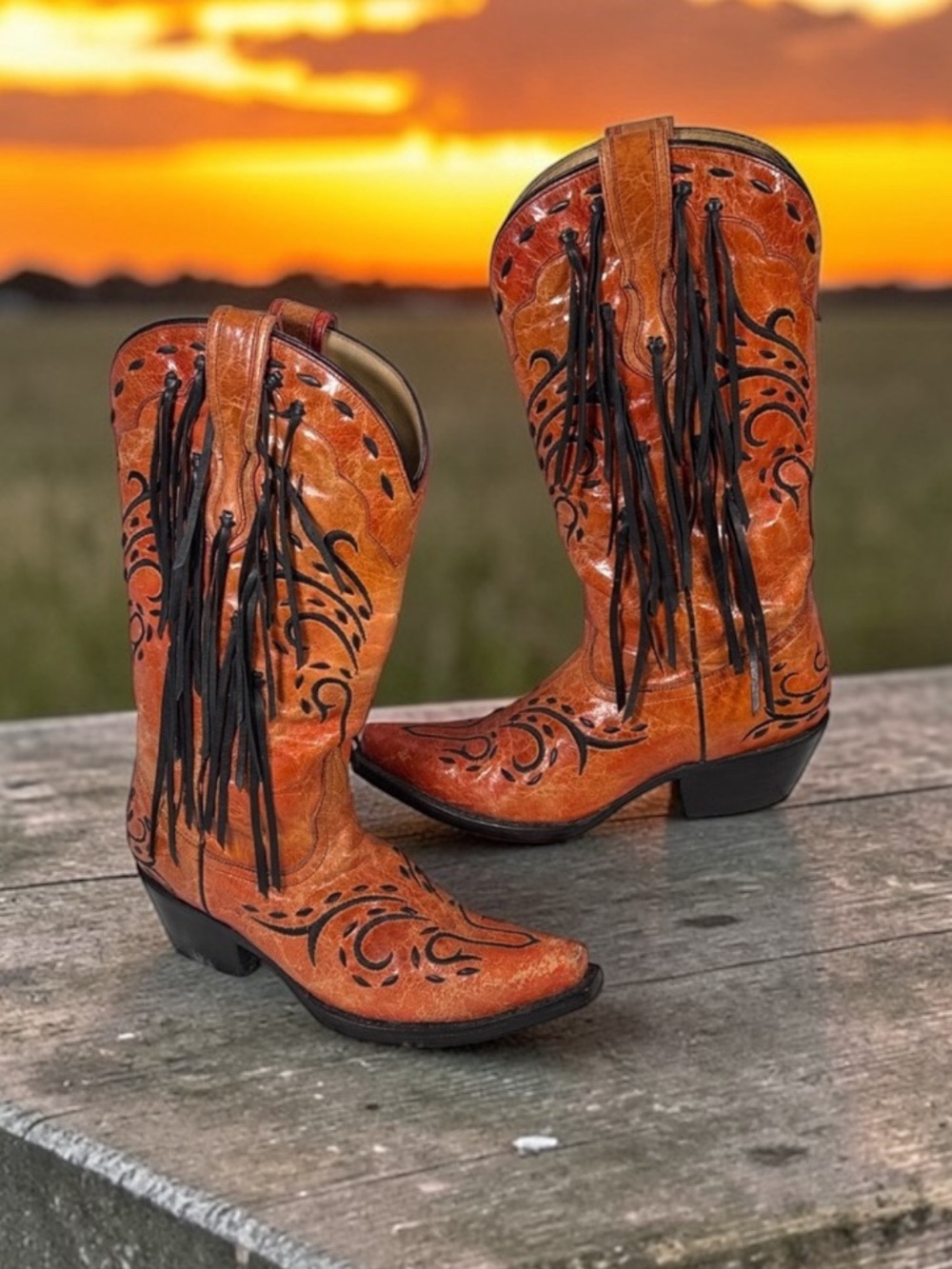 Fringed Western Heeled Boots in Burnt Orange